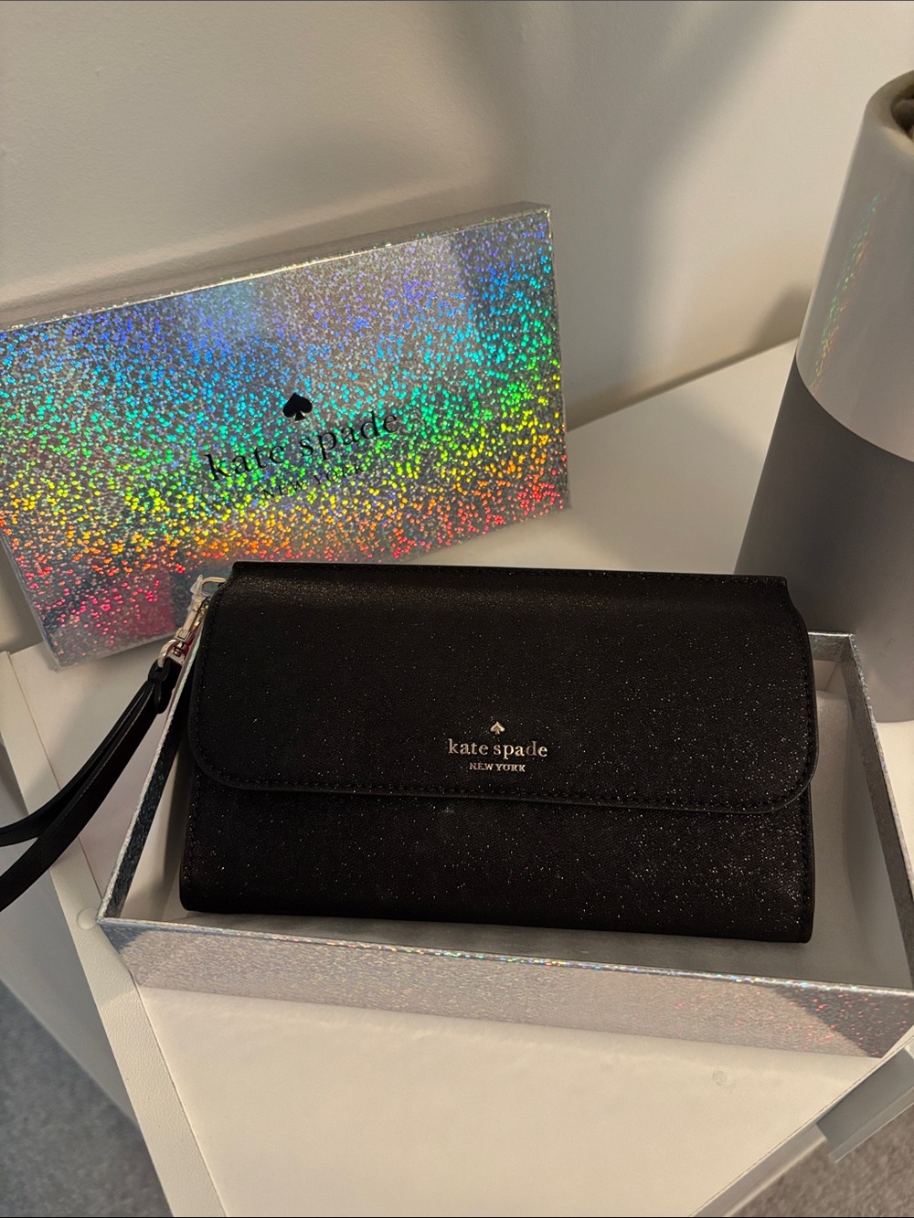 Kate Spade Black Glitter Wristlet Wallet NWT